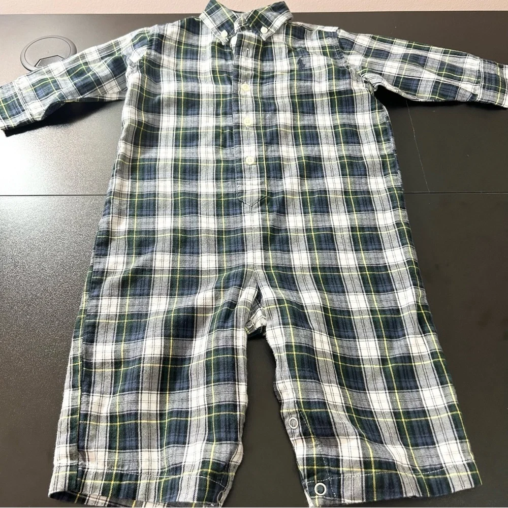 POLO Ralph Lauren Blue, Green and Yellow Plaid Romper. Boys Size 12 Months.
